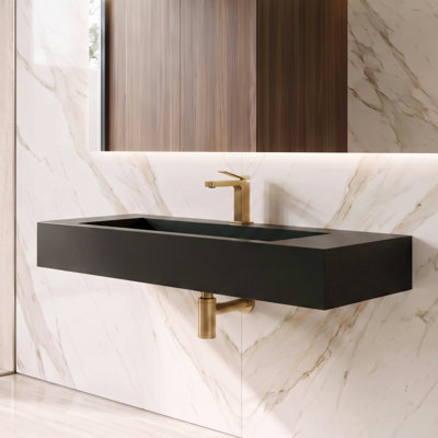 Pyramid 48" Wall Mounted Rectangular Solid Surface Bathroom Sink in Matte Finish, Black, With Faucet Hole