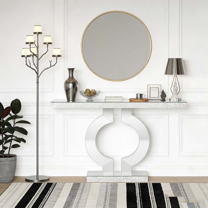 Console à miroir avec base en forme de O et miroir moderne, Argent argent