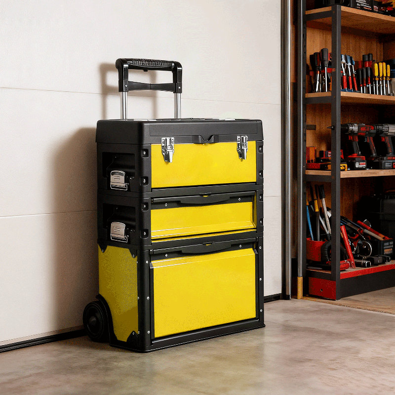 Boîte à outils 3-en-1 empilable avec roulettes, Jaune