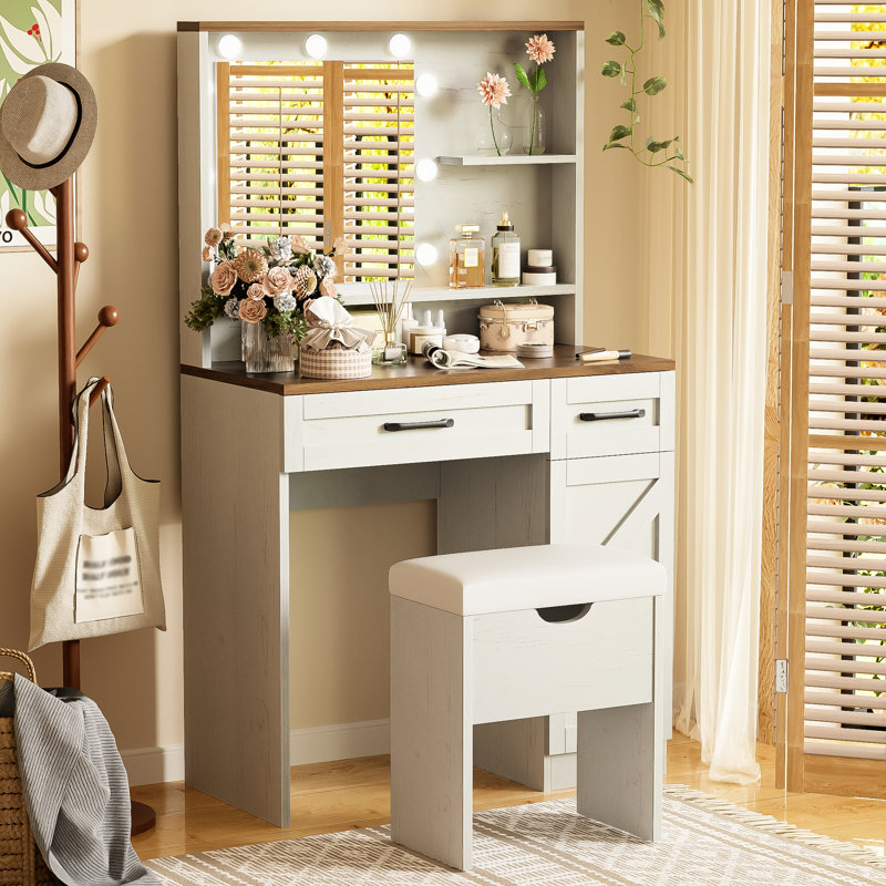 Coiffeuse style avec miroir et lumières, 3 réglages, 2 tiroirs, tablette réglable, armoire latérale pour la chambre à coucher, lumières et miroir de chambre à coucher blancs, modes, tablettes, armoire, bureau de maquillage