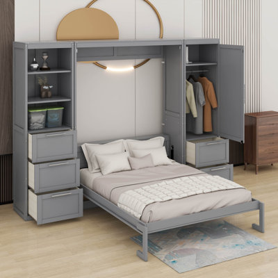 Grand lit escamotable avec placard Designs, lit mural avec tiroirs et tablettes Designs