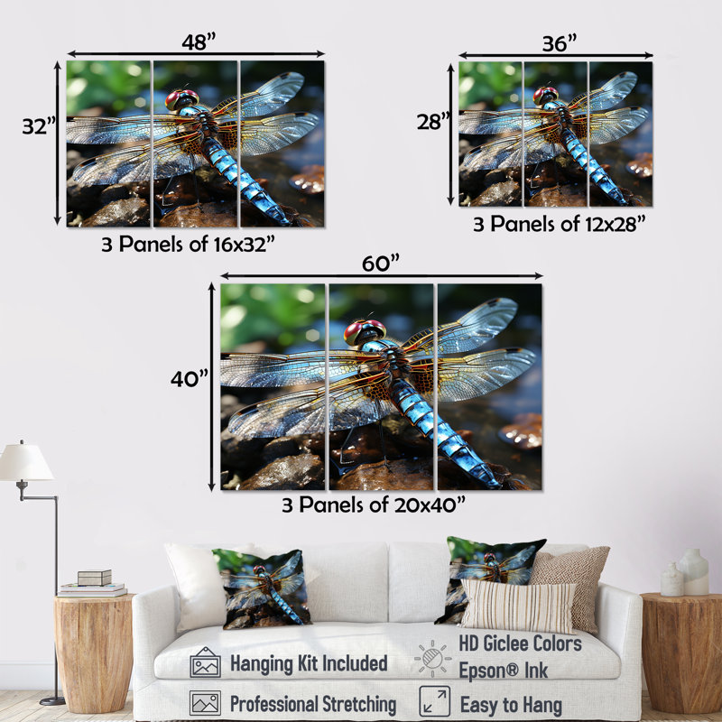 «Blue Fluttering Dragonfly I», art mural libellule, Toile tendue, H 40 po x l 61 po