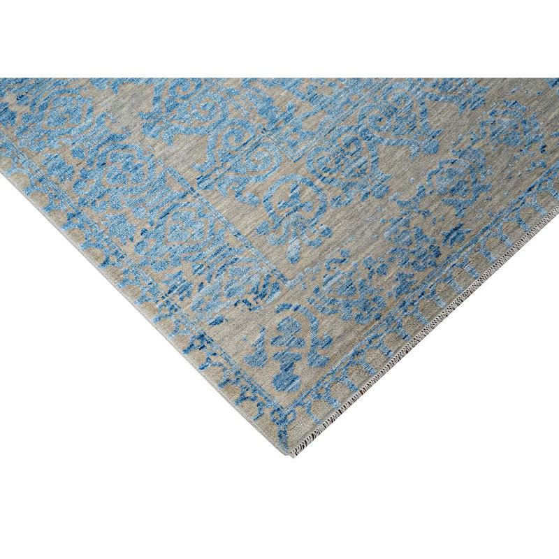 Tapis argenté et bleu clair noué à la main de haute qualité, Rectangle 9 pi x 12 pi
