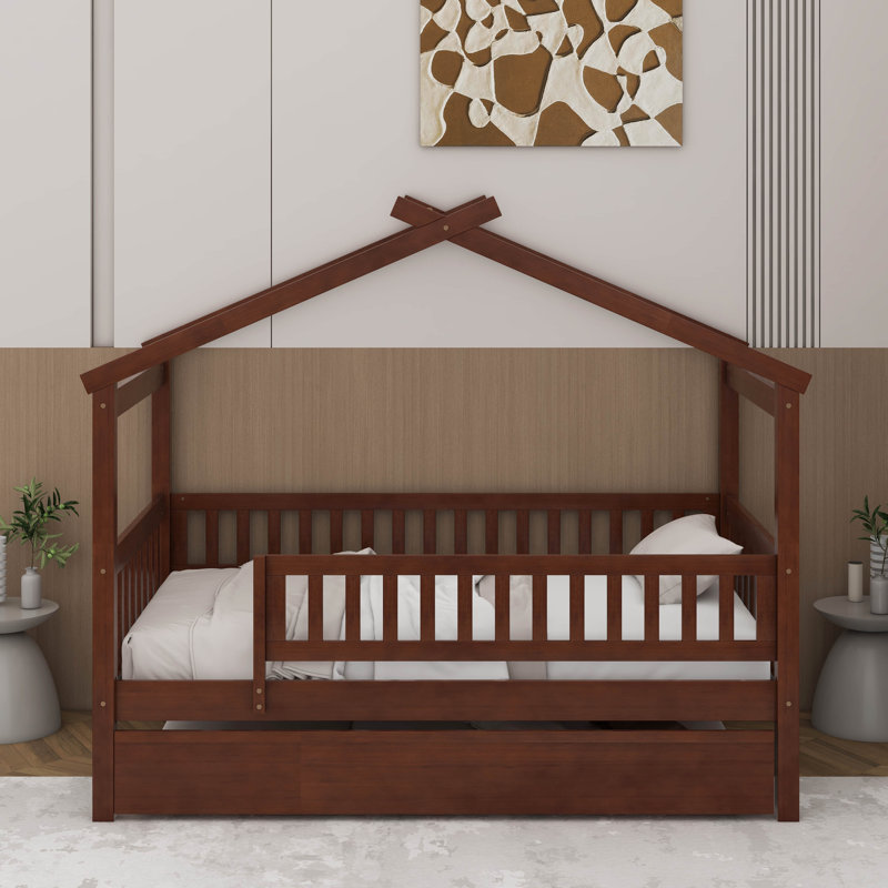 Lit simple en bois avec lit gigogne, Noyer, Lit simple
