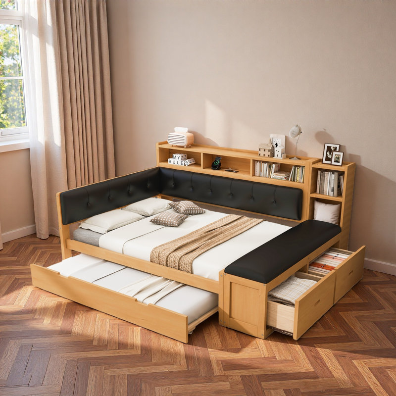 Comfortable Daybed With Trundle, Storage Shelves, Bench, Charging Station And Upholstered Headboard, Black/Natural