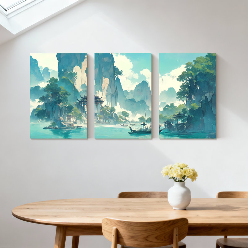 Landscape & Nature Mountain Lake Temple Boat Reflection Sky Trees Water Set of 3 Canvas Wall Art Prints, 18" H x 36" W