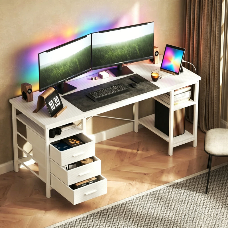 47" W Metal Base Computer Desk,Gaming Desk with 3 Fabric Drawers & Storage Shelves, Writing Work Study Desk for Home Office Bedroom, Modern Simple Student PC Desks Table