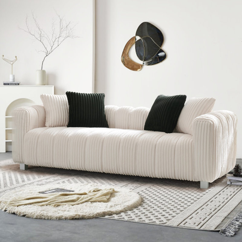 Élégant canapé deux places en velours côtelé, Blanc lait, H 24,41 po x l 114,17 po x P 31,89 po