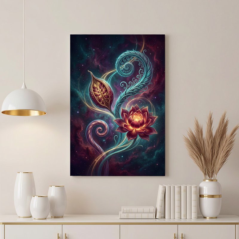 Toile brillante, fleur fantaisiste et feuilles tourbillonnantes dans la galaxie, 24"H x 18"W