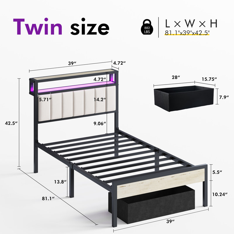 Tryston Twin Bed Frame With Led Lights & Storage Drawer, White, Twin, White