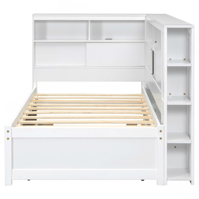 Lit de jour simple en bois avec tablettes de rangement, USB et lit gigogne, Blanc
