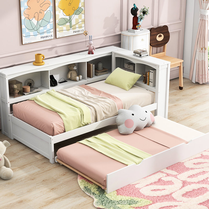 White Twin Daybed With Trundle, Storage & - Solid Wood Frame And Trundle Bed Space Size In Strong Structure Ports, White