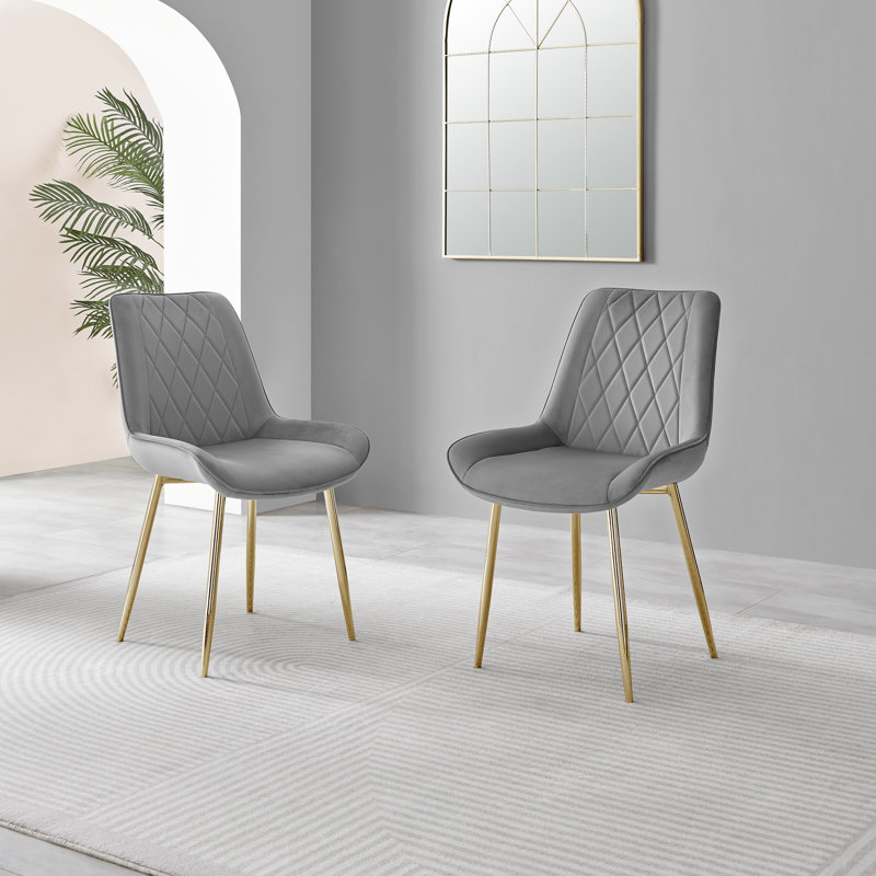 Palermo Velvet Modern Dining Chairs with Tapered Metal Legs & Quilted Diamond Stitching, Gold, Grey