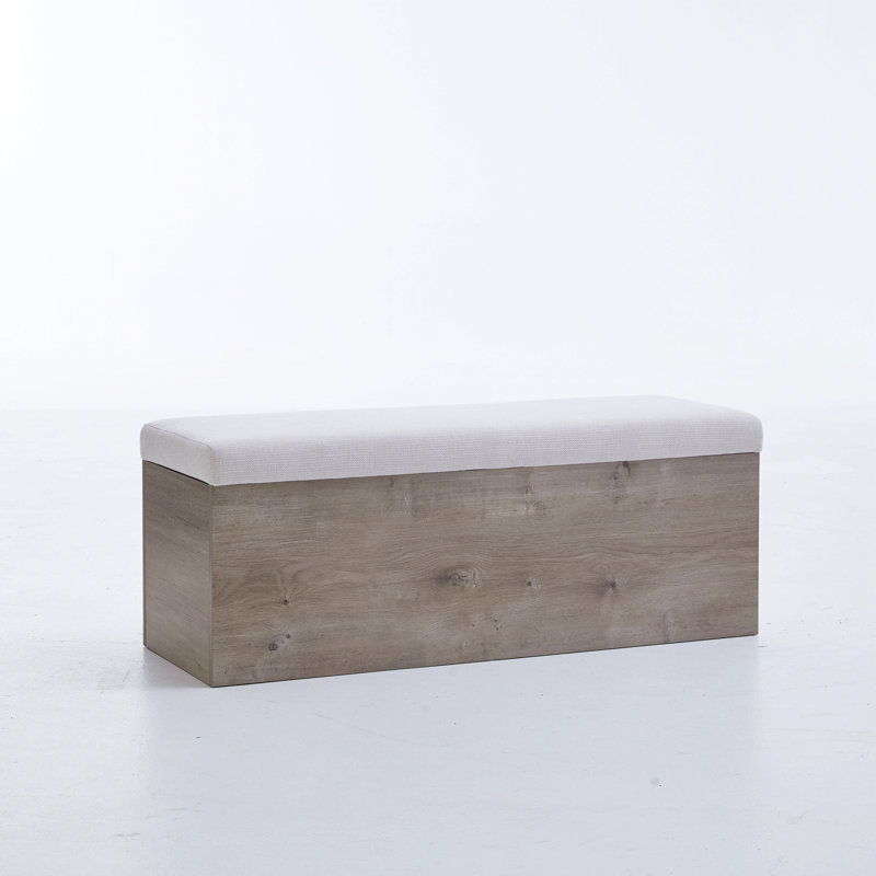 Banc de rangement rembourré à plateau rabattable / base en bois / rustique / maison de campagne moderne / neutre / scandinave / toile ivoire texturée chenille et bois de chêne classique clair chêne rustique