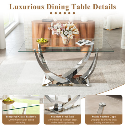 Modern Rectangular Glass Dining Table Set, Tempered Glass Top, Polished Stainless Steel Crescent-Shaped Base, And PU Leather Oval-Back Chairs With Mirror Stainless Steel Legs