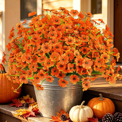 Lot de 24 fleurs artificielles d'automne pour l'extérieur, chrysanthèmes artificiels orange, fleurs en soie artificielle résistantes aux UV pour pots de fleurs, porche, terrasse, jardin et décoration d'automne.