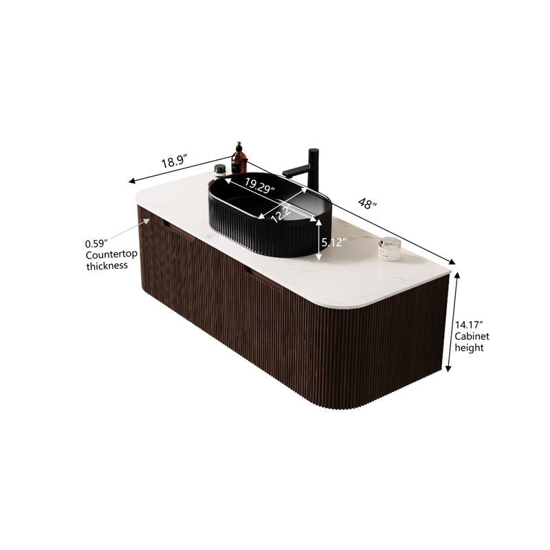 Meuble-lavabo de salle de bain de 122 cm (48 po), structure en contreplaqué, lavabo en céramique noire, 2 tiroirs, couleur noyer foncé, glissières à fermeture amortie, rangements intégrés, préassemblé, style moderne, grand espace de rangement