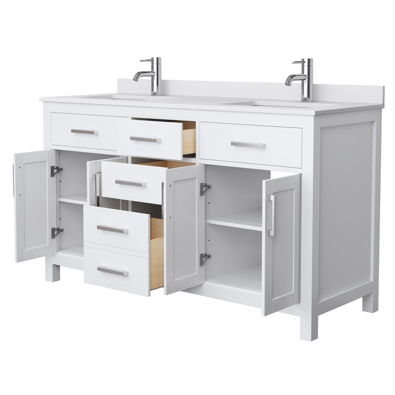 Beckett 60" Freestanding Double Bathroom Vanity with Cultured Marble Top, White, White Cultured Marble, Brushed Nickel