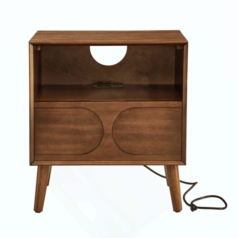 Mid Century Modern Fluted Nightstand With Charging Station USB Ports & Outlet Hole & 4 Solid Wood Legs, Farmhouse End Table With Open Space And Drawer Dresser