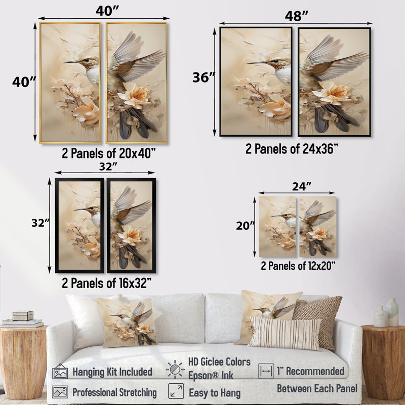 «Fluttering Floral Hummingbird - Hummingbird Wall Art, Beige Animals», ensemble de 2 impressions sur toile, H 36 po x l 48 po