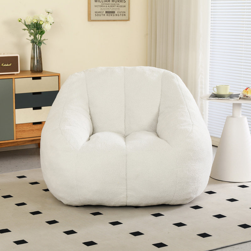 Compression Soft Teddy Fabric Tufted Memory Sponge Foam Filled Bean Bag Chair, White Teddy