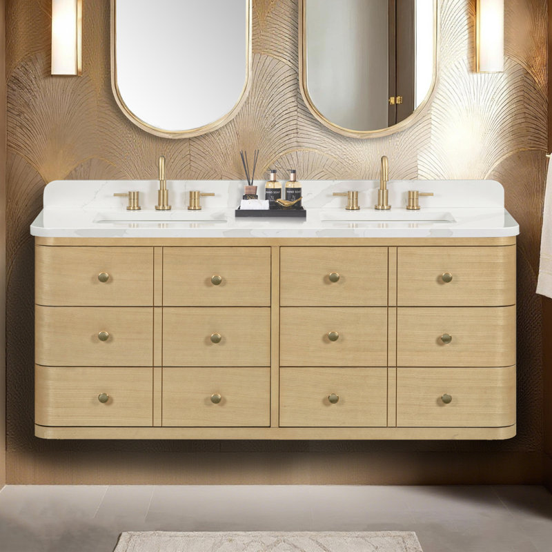 Meuble-lavabo à double cuve 60 po Serena en chêne blanc avec plateau Serena, Quartz Calacatta, 61"