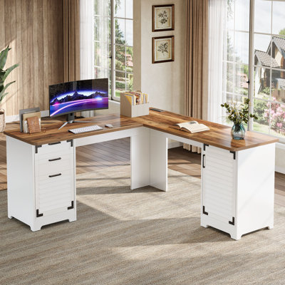 L Shaped Computer Desk with Power Outlets, Farmhouse Corner Desk with Drawers, L Shaped Executive Office Desk