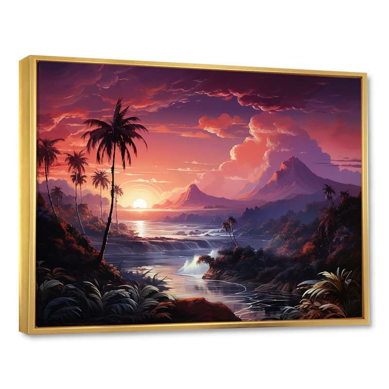 «Abstract Hawaii Palm Tree Sunset I», reproduction sur toile, Cadre flottant doré, H 24 po x l 32 po x P 1 po