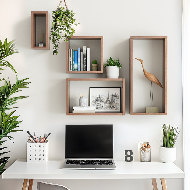 Wall Mount Cube Shelf Set Of 4,Floating Cube Shelves For Space Discovery,Dark Walnut, Dark Walnut