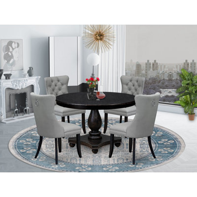 5 Piece Dining Table Set Consists of a 48" Round Table with Pedestal and 4 Light Gray Parson Chairs, Sand Blasted Black