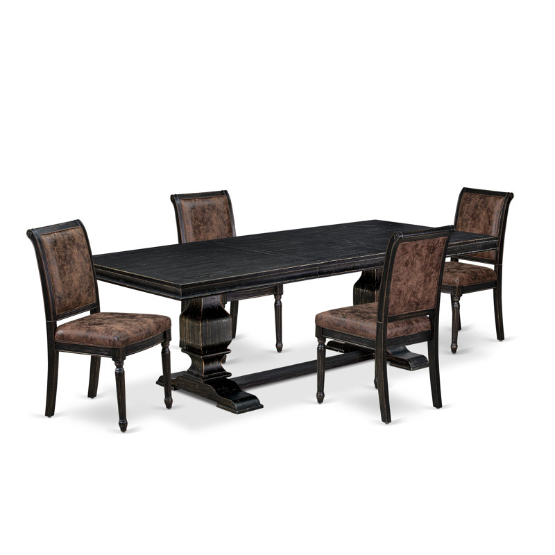 L'ensemble de table de cuisine 5 pièces comprend une table de salle à manger moderne et 4 chaises de salle à manger en cuir de polyuréthane brun avec dossier haut - fini noir sablé