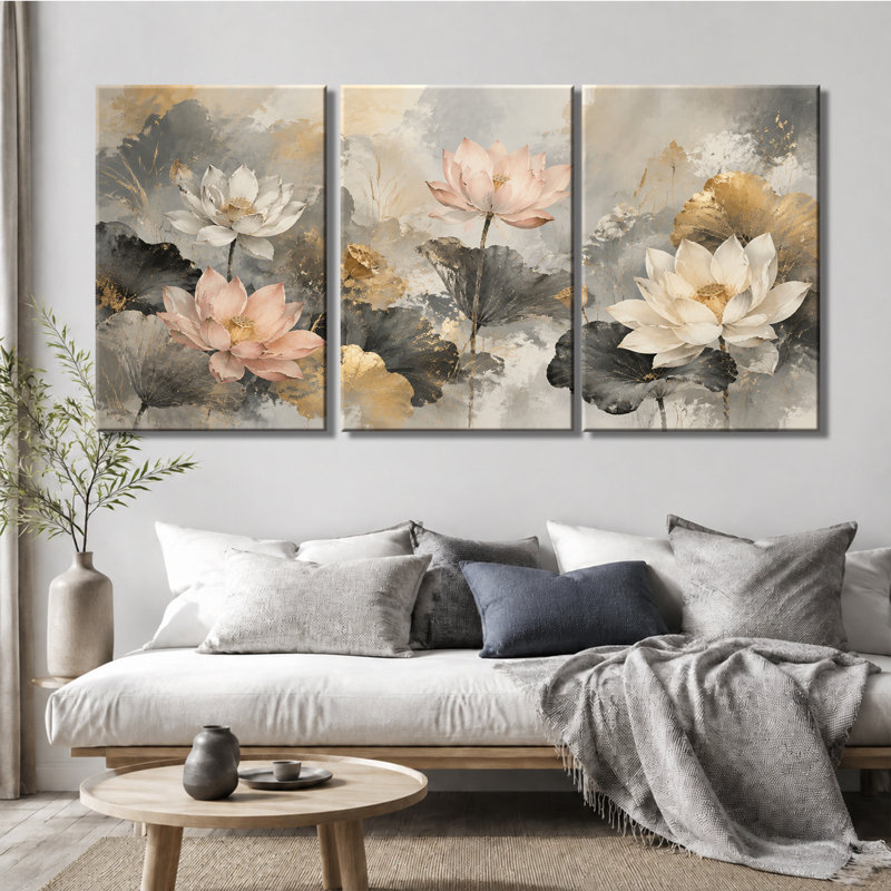 3 panneaux muraux, impression sur toile Lotus, 24*36inch*3