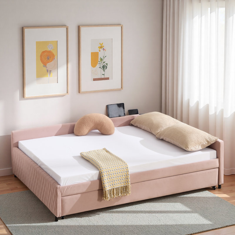 Upholstered Daybed With Trundle And Usb, Pink