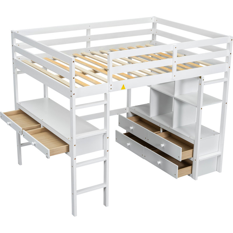 Lit mezzanine blanc double avec bureau intégré, deux tiroirs, étagères et rangements, option gain de place