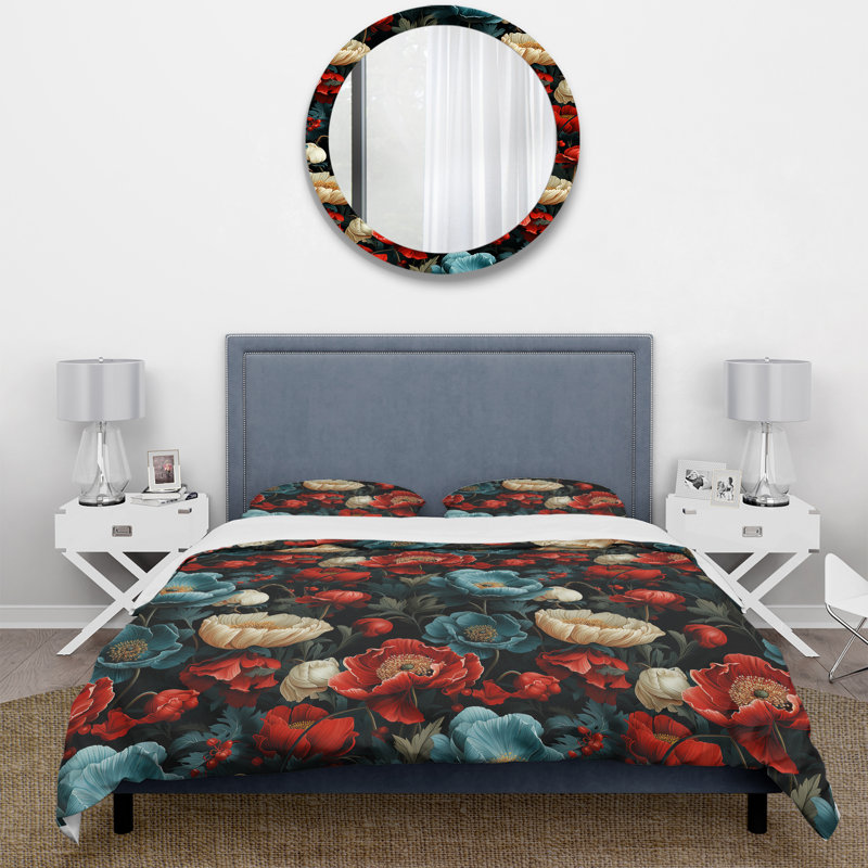 Literie florale rouge foncé et beige, Housse de couette pour très grand lit et 2 très