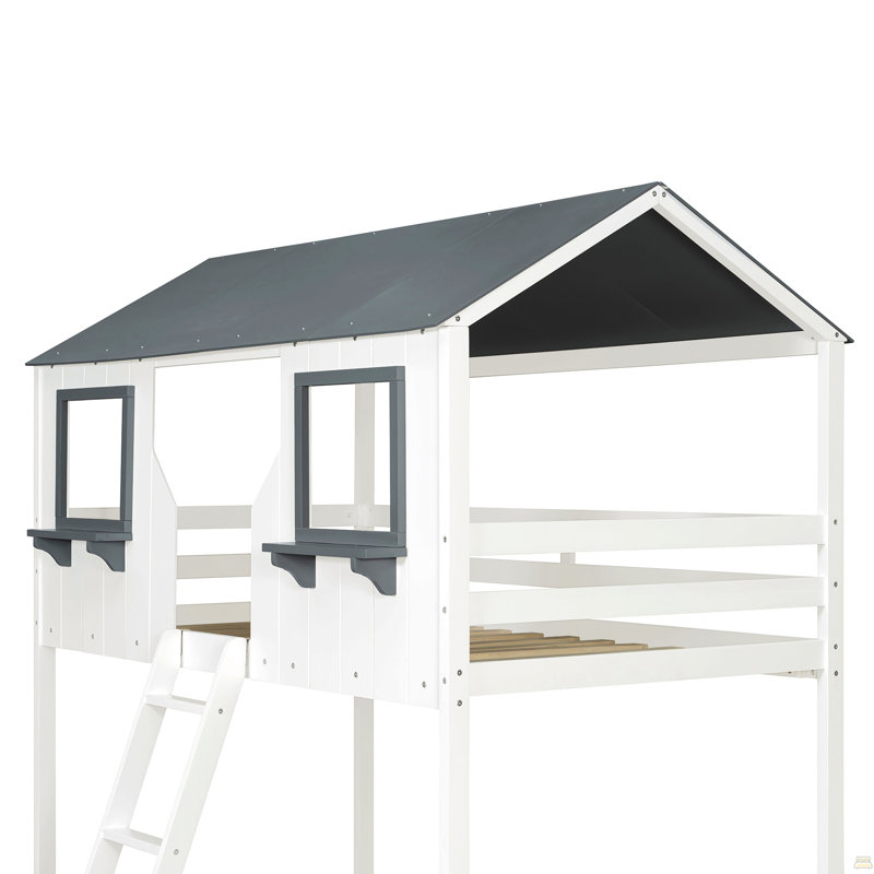 Lit superposé simple au-dessus d'un lit simple en bois avec toit, fenêtre, garde-corps et échelle
