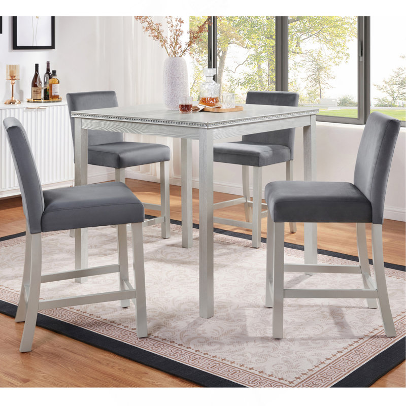 Ensemble de table 5 pièces à hauteur de comptoir, ensemble de table de cuisine en bois avec table carrée et 4 chaises rembourrées, ensemble de table de salle à manger à hauteur de comptoir avec décoration en cristal et ensemble de chaises, gris argenté