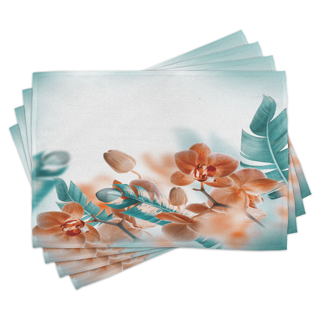 Platzdeckchen 4er Set, Orchideen Blüten Floral, Orange und Teal