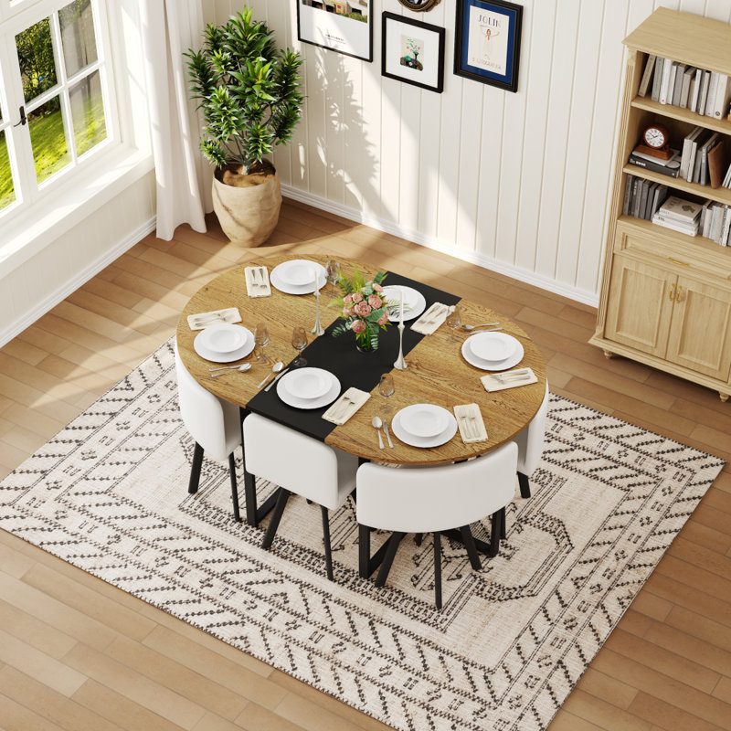 Ensemble de table de salle à manger 7 pièces ovale, plateau en grain de bois fixe et triamine noire avec 6 chaises en similicuir noir, ensemble de table de cuisine moderne pour 6 personnes, idéal pour les petits espaces, appartement, salle à manger