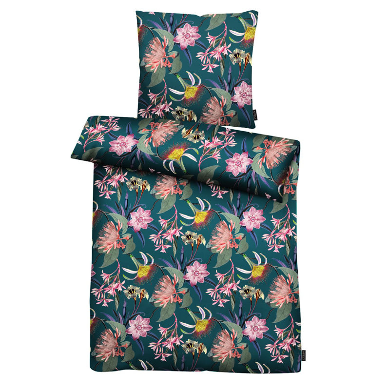 Coloured Nights Floral Duvet Cover Set with Pillowcases, Petrol/Pink, 155 x 220 cm - 1 Pillowcase (80 x 80 cm)