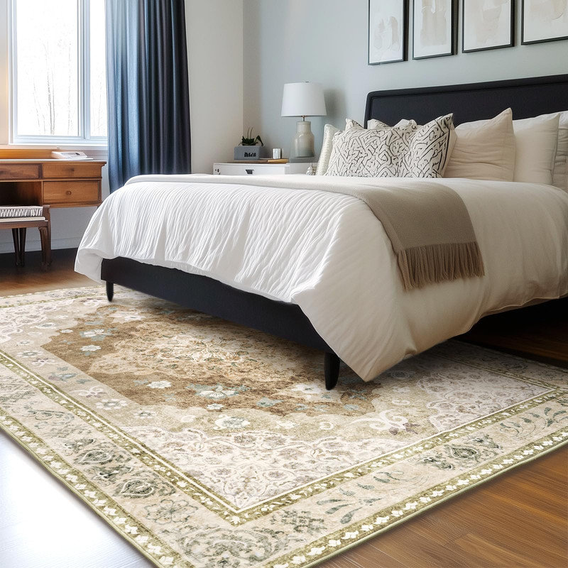 Machine Washable Indoor&Outdoor Area Rug Non-Slip Backing Light Brown Vintage Low Pile Rug for Living Room Bedroom Dorm Hotel