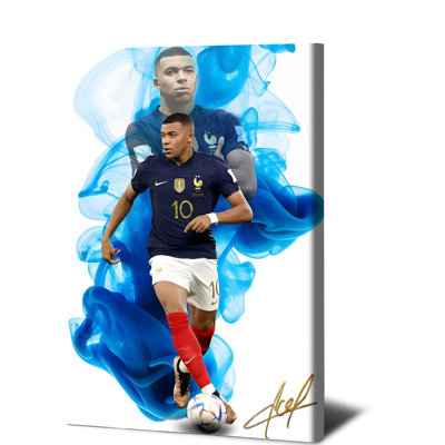 1 pièce, art mural, affiche encadrée, étoile de football Kylian France, toile décorative avec impression signature pour le salon, chambre à coucher, ventilateur de sport, cadeau, décoration moderne, haute qualité, couleurs vives, prête à être accrochée