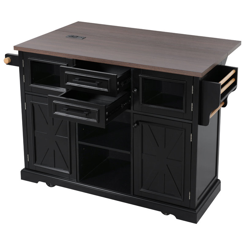Îlot de cuisine polyvalent avec abattant, prise de courant et beaucoup de rangement pour les cuisines et les salles à manger modernes.