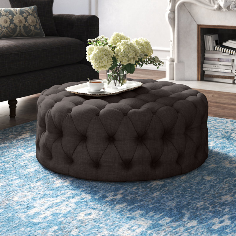 Willa 42" W Tufted Round Cocktail Ottoman , Linen, Heathered Dark Grey Linen