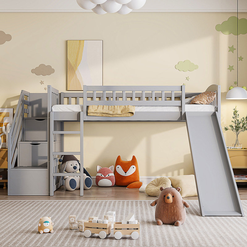 Lit mezzanine simple avec glissière Stairway, Gris