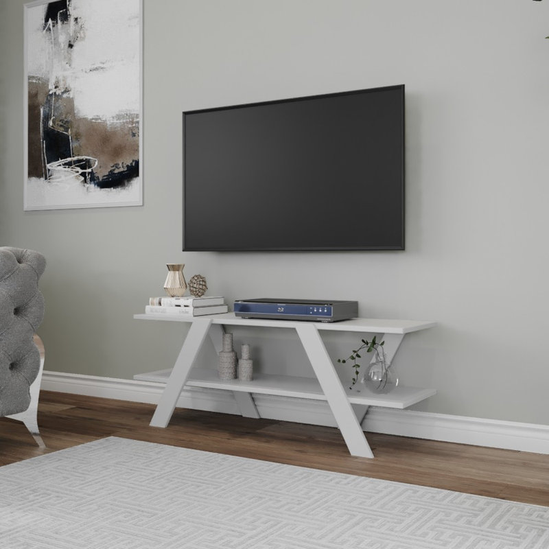 Scandinavian TV Stand, White, 47.2 x 13.0 x 11.8 inches | 100% Melamine Coated Particle Board, 0.71 inches Thick | Sturdy Metal Frame, Multiple Shelves, Wall-Mountable | Stylish Storage Solution for Modern Living Rooms