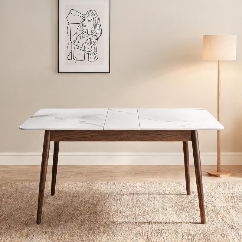 Extendable Rectangular Solid Oak Dining Table with Crisp White Slate Top and Walnut Base, Seats 6-10, 1.2-1.5m