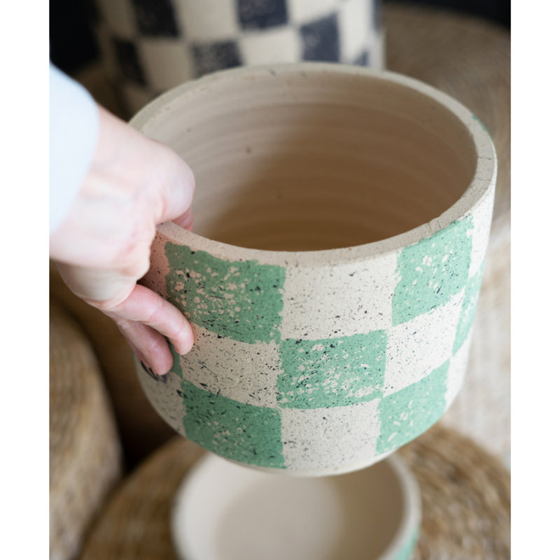  Checkered Clay Planters with Trays Set of 3 – 11" Tall