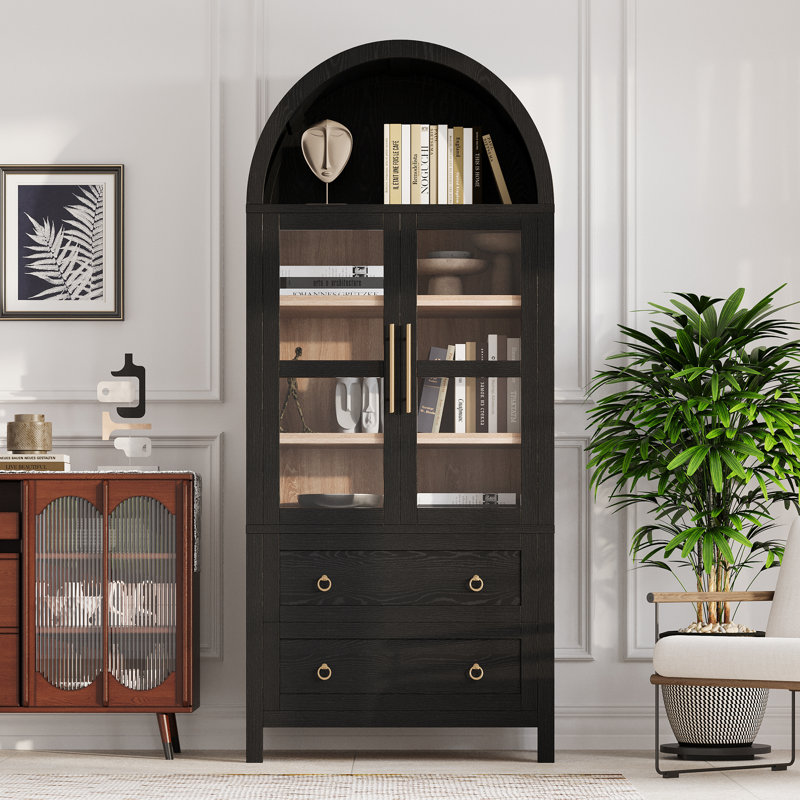 71" Tall Arched Kitchen Pantry Cabinet With 2 Large Drawers, Modern Farmhouse Kitchen Storage Cabinets With Adjustable Shelves, Glass Door, Wood Versatile Cupboard For Kitchens, Dining Room