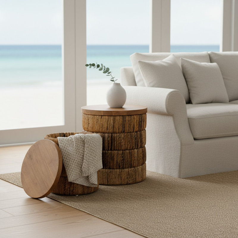 2 Piece Round Brown Solid Wood Accent_Nesting Tables Set